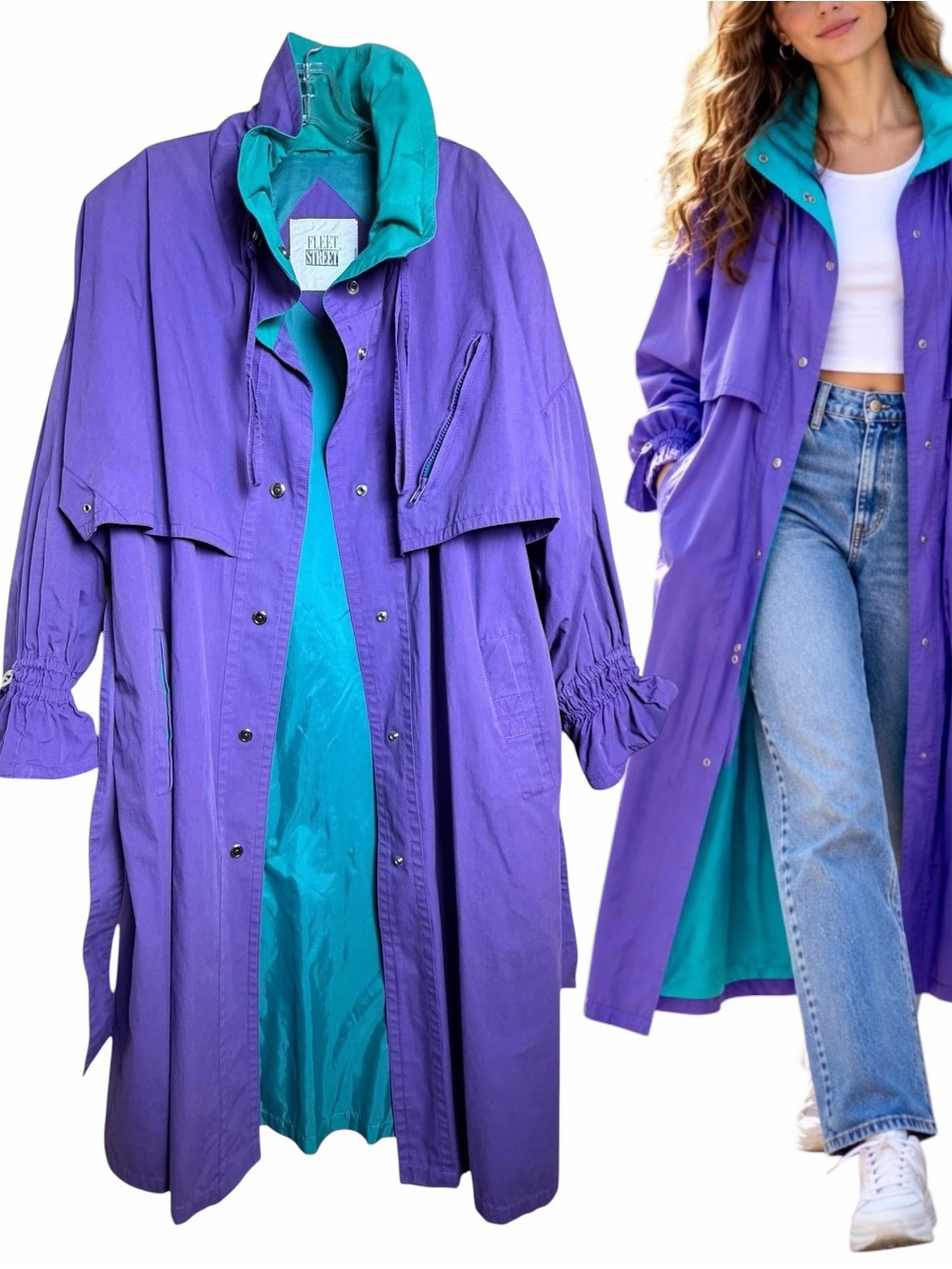 Fleet Street Vintage Cape Trench Coat Purple Teal Belted Size 14
